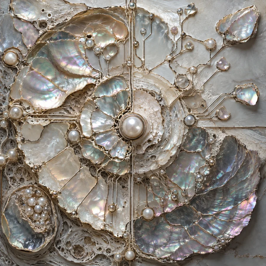 Oyster-Shell Circuit Relief: Iridescent shell fragments connected by fine raised lines, layered pearly surfaces and diagrammatic branching structure.