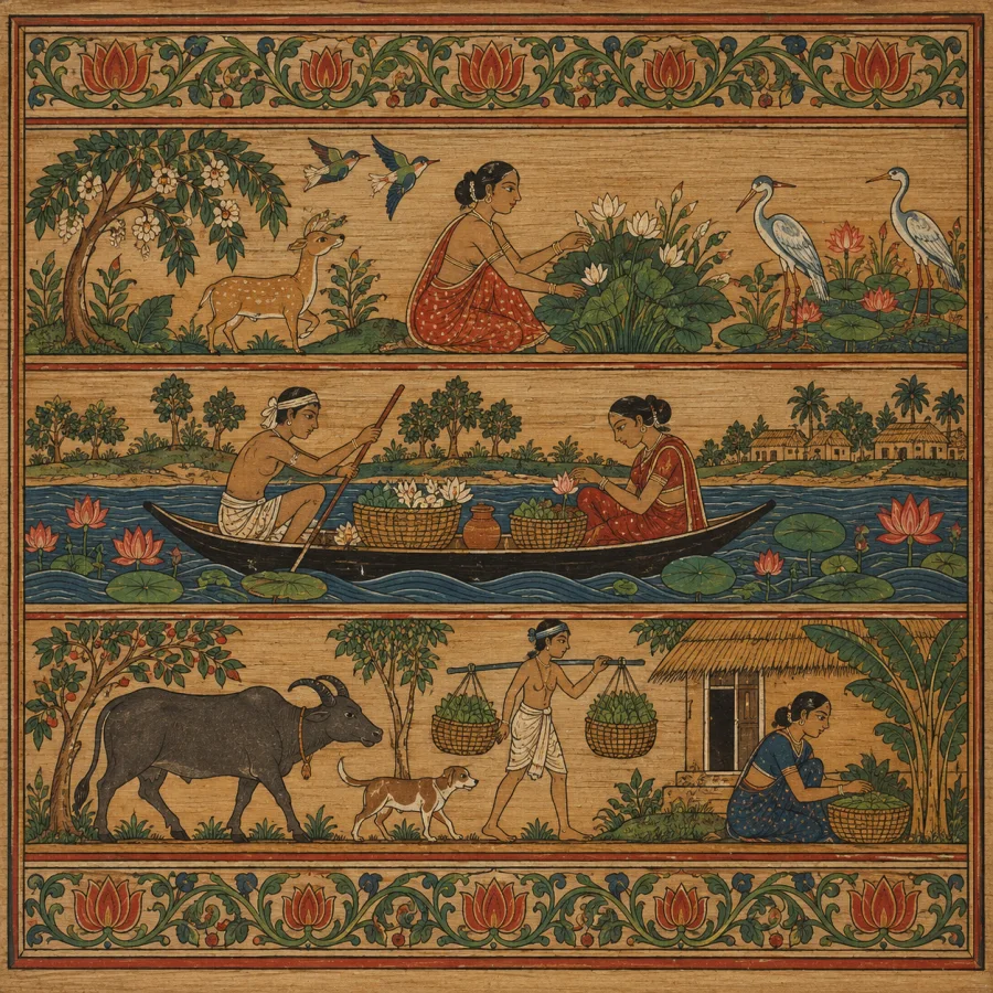 Pala Palm-Leaf Manuscript Study: Small elongated painted panels, fine flowing contour, jewel-like color and compact ornamental composition on a warm palm-leaf-like ground.