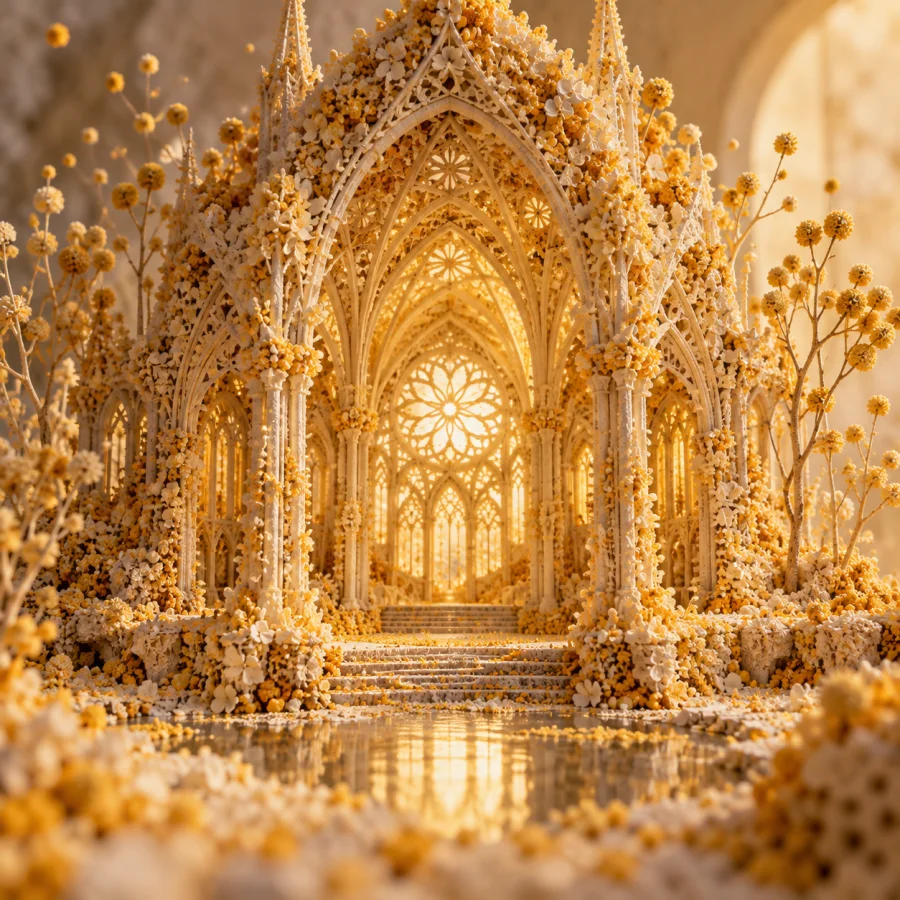 Paper Pollen Cathedral: A miniature vaulted structure made from thousands of tiny pollen-colored paper grains, dense airy ornament and warm light.