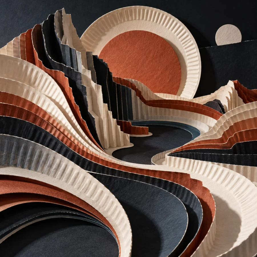 Paper Tectonic Orchestra: Layered paper plates rising and folding into an abstract landscape, rhythmic strata and bold contrasting cut edges.