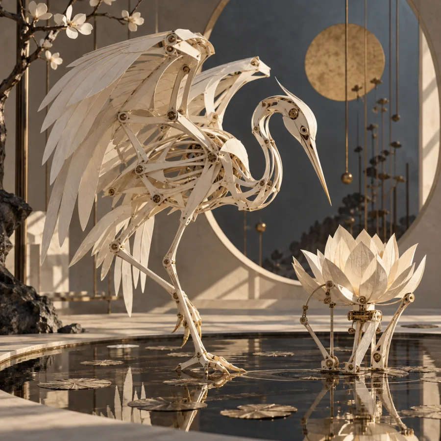 Paperbone Automata: Light skeletal mechanisms assembled from folded ivory paper, visible pivots and elegantly articulated hollow forms.