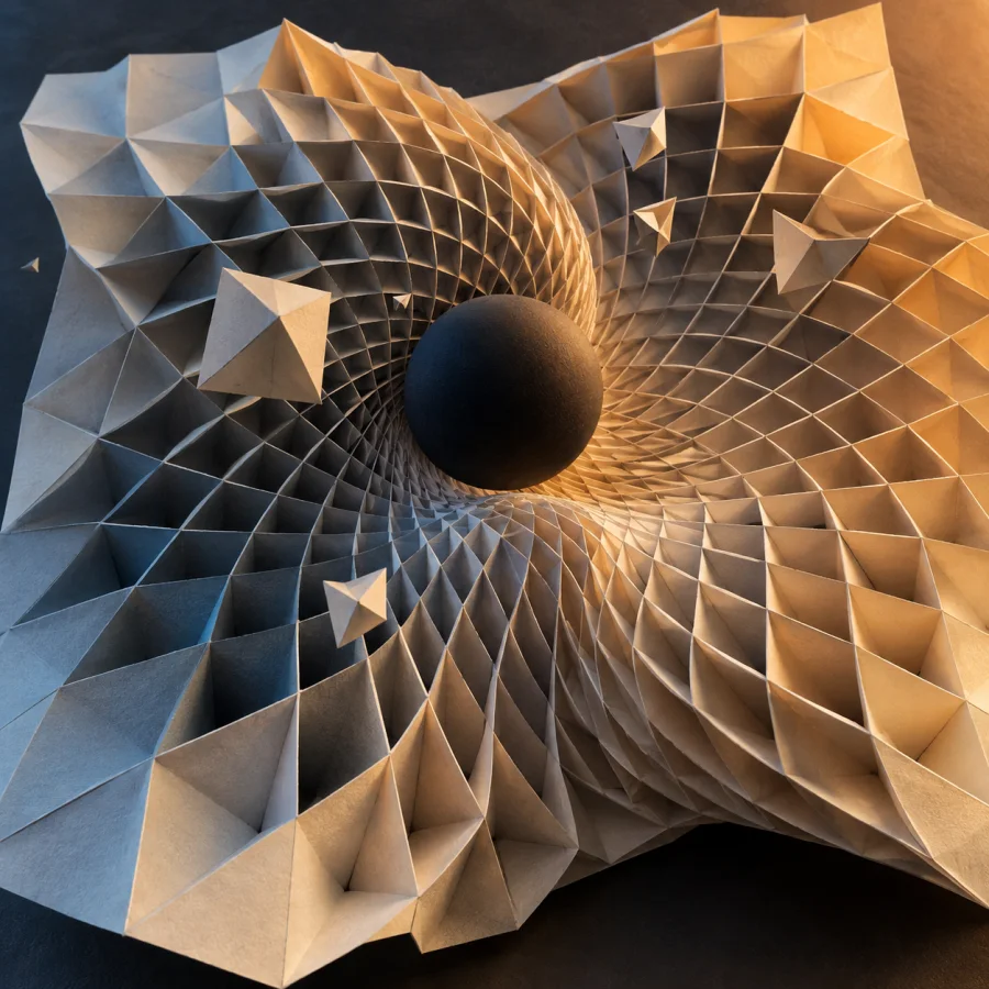 Papercraft Gravity Lens: Folded paper grids bent around an invisible center, stretched cells and dramatic geometric optical illusion.