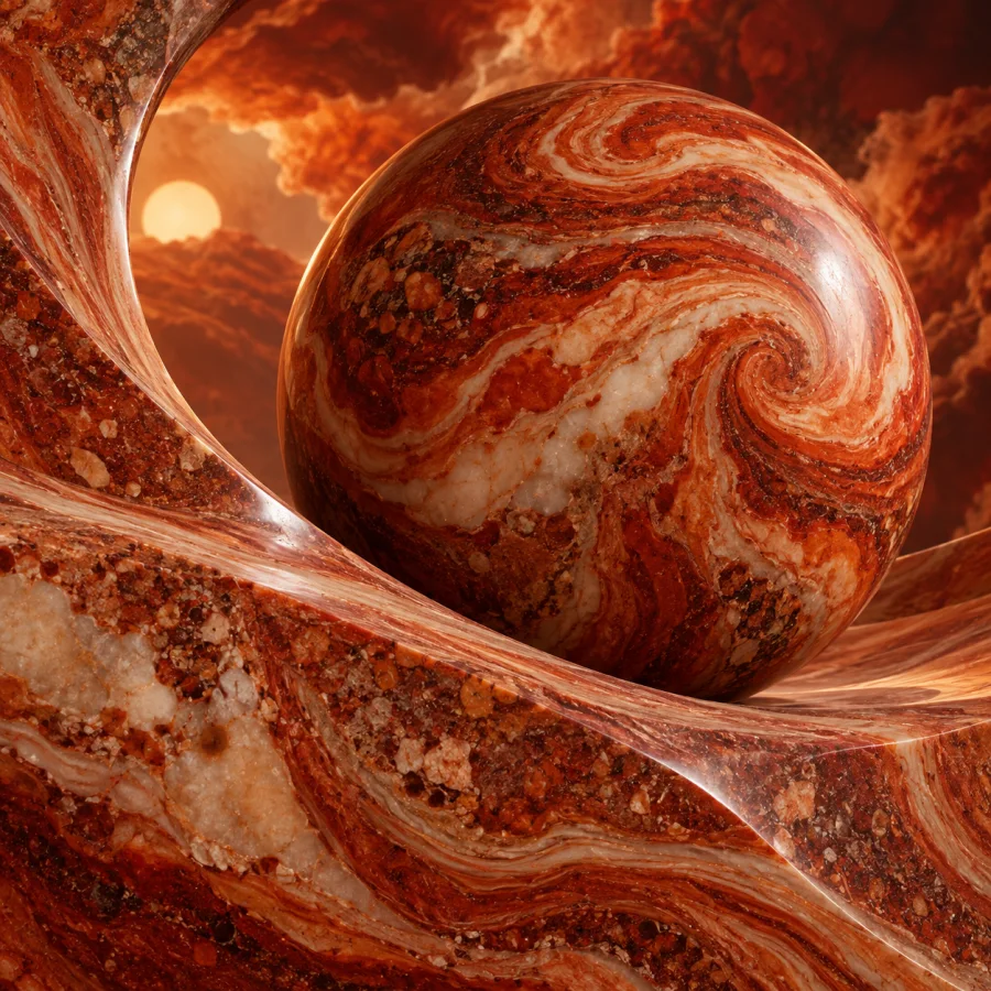 Paprika Marble Weather: Warm red-orange mineral swirls forming abstract storm-like bands, polished stone depth and subtle granular inclusions.