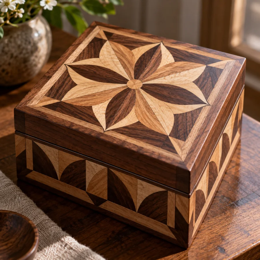 Parquetry: Geometric arrangements of contrasting wood veneers, precise repeated blocks and directional grain changes.