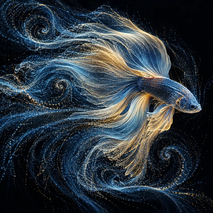 Particle-Advection Drawing: Fine particles carried along a coherent flow field, delicate streaks, vortices and layered directional density.