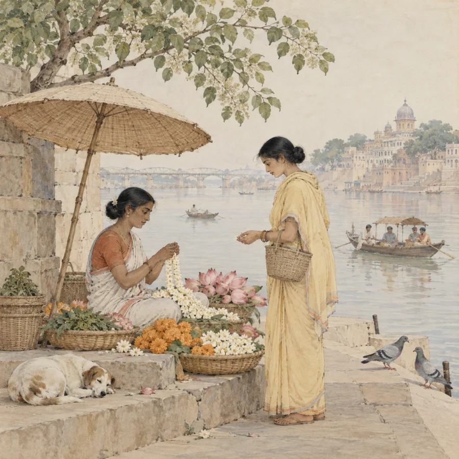 Patna Qalam-Inspired Watercolor: Small-scale everyday scenes with delicate transparent color, careful figures and objects, and restrained lightly suggested backgrounds.