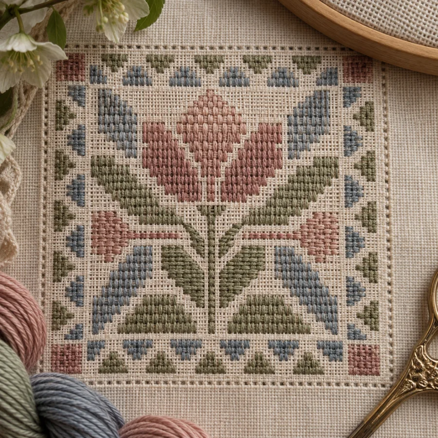 Pattern Darning: Repeated running stitches spanning counted fabric threads, geometric rhythms and softly stepped woven-looking shapes.