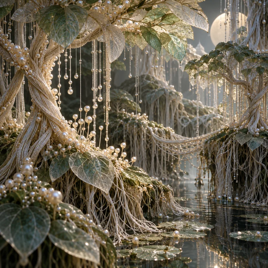 Pearl-Thread Rainforest: A miniature forest woven from pearly threads, layered translucent leaves and delicate hanging root filaments.