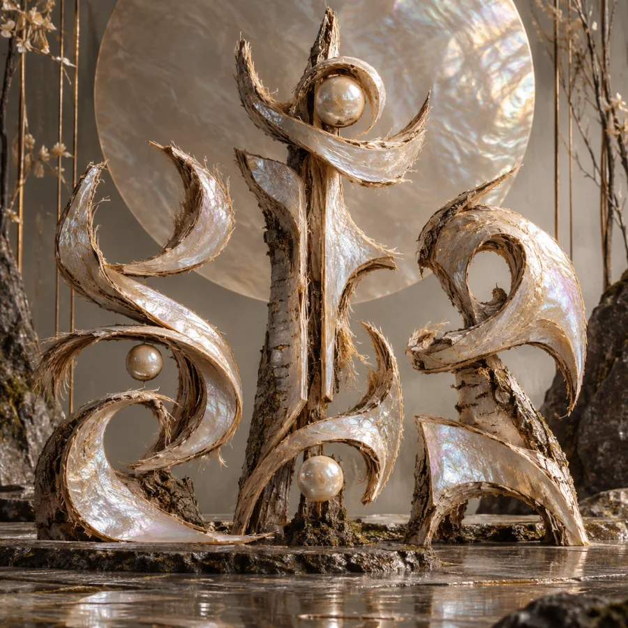 Pearly Bark Typography: Invented nonverbal glyph-like forms carved from pearlescent bark, fibrous edges and soft directional luster.