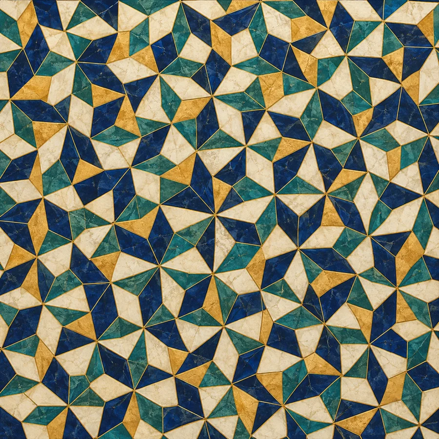 Penrose Tiling Design: Nonperiodic geometric tile arrangements with local repetition and unexpected larger-scale order.