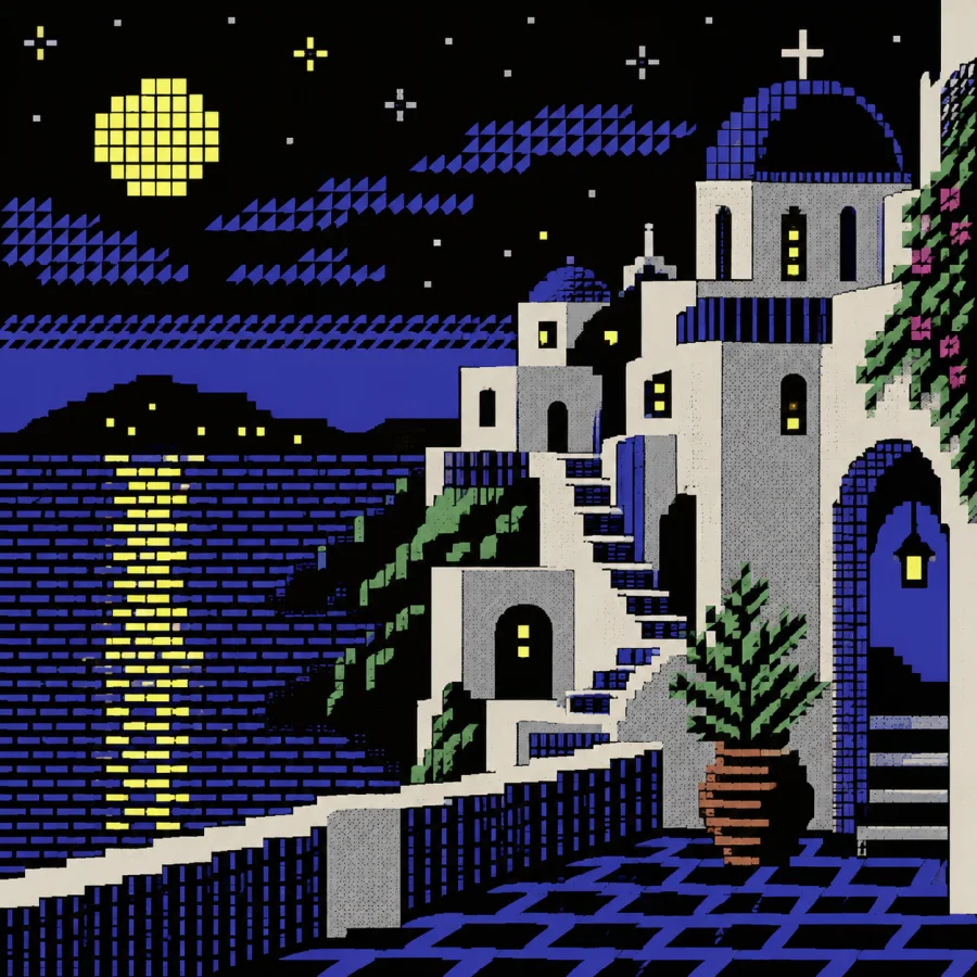 PETSCII Character Graphics: Blocky character-set graphics with a strict grid and a limited retro-computer palette.
