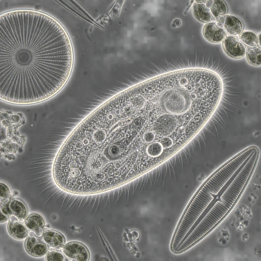 Phase-Contrast Microscopy: Transparent microscopic structures revealed through gray tonal shifts and bright halos around fine cellular boundaries.