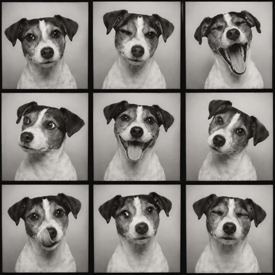 Photobooth Sequence: A compact sequence of evenly lit candid photographic frames, consistent framing and small expressive changes.
