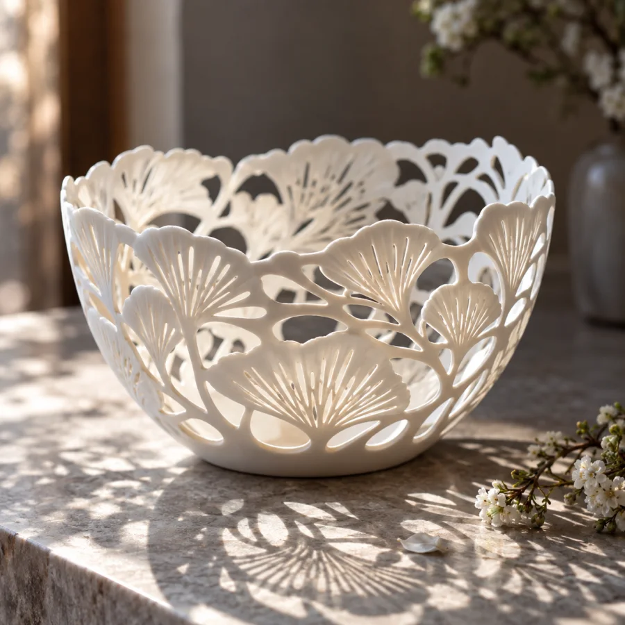 Pierced Porcelain: Fine openings cut through thin white porcelain, intricate shadow patterns and translucent delicate edges.