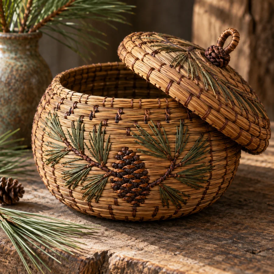 Pine-Needle Basketry: Bundles of long pine needles wrapped into coils, slender brown fibers and small regularly spaced binding stitches.