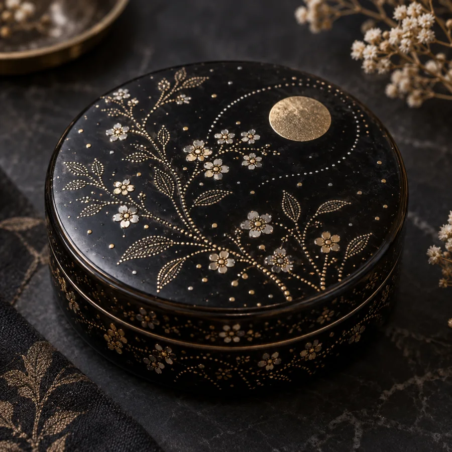 Pique Inlay: Tiny gold or silver pins set into a dark contemporary resin ground, delicate dotted patterns and fine metallic glints.