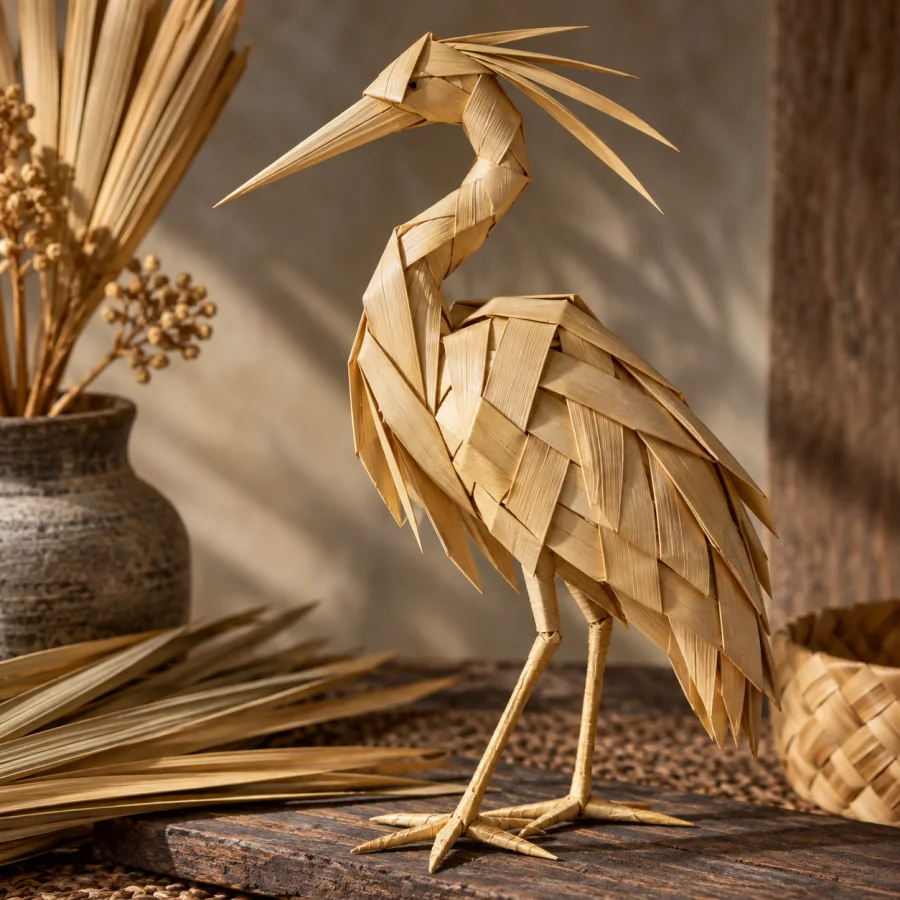 Plaited Palm Sculpture: Broad dry palm strips folded and woven into angular forms, warm straw color and crisp creased edges.