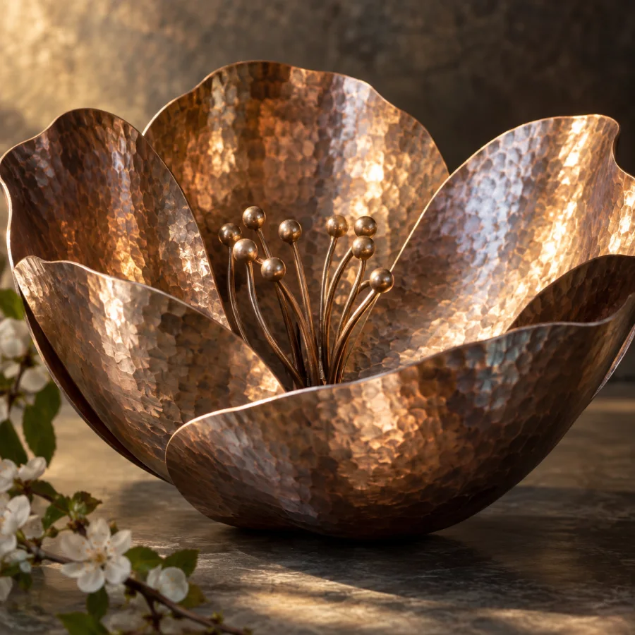 Planished Metalwork: Regular small hammer facets across curved metal, soft sparkling reflections and visible rhythmic handwork.