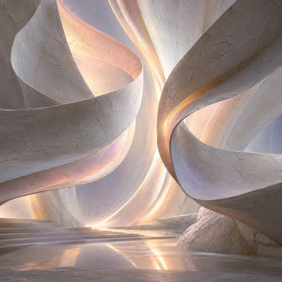 Plaster Aurora Fold: Broad plaster ribbons folded into sweeping lightlike curtains, chalky texture and gently tinted edges.