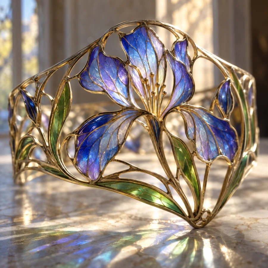 Plique-a-Jour Enamel: Translucent colored enamel held in fine metal partitions without backing, stained-glass-like light and jewel-scale precision.