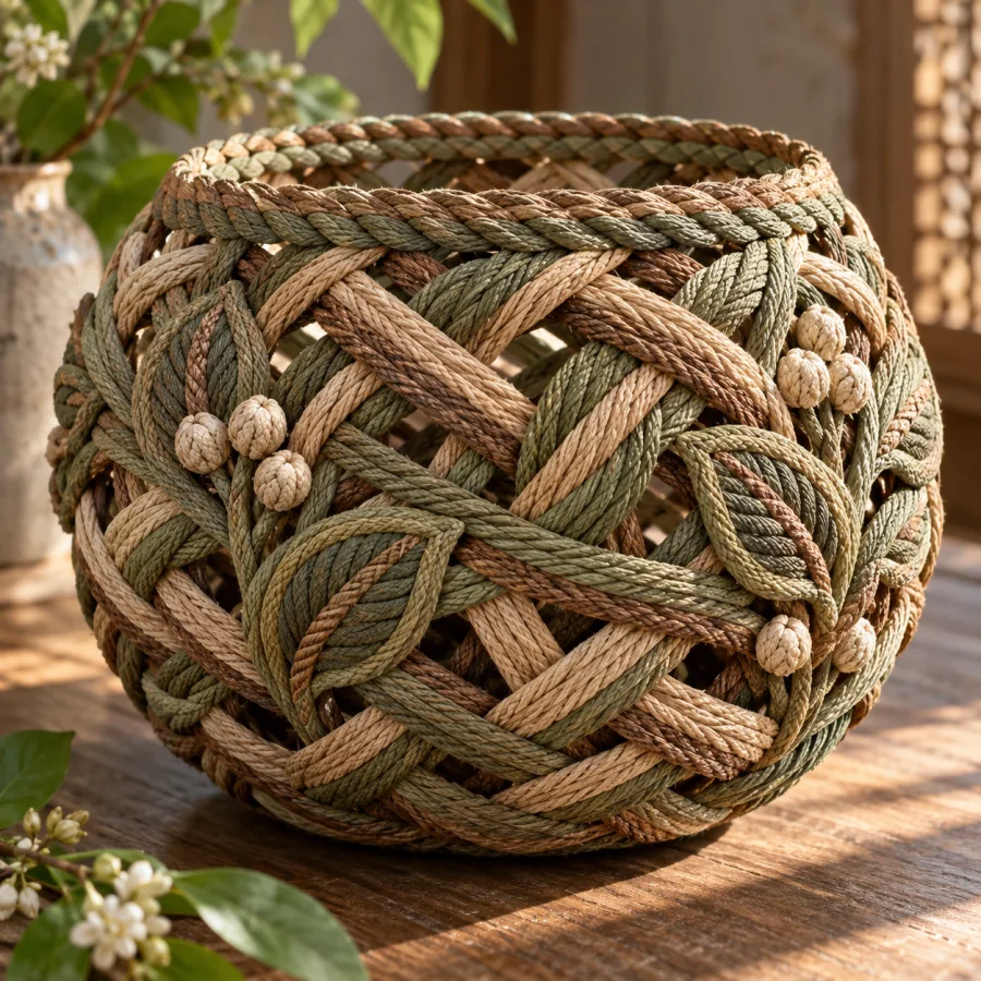 Ply-Split Braiding: Cord strands passing through the plies of other cords, dense interlocked surfaces and sculptural basket-like forms.