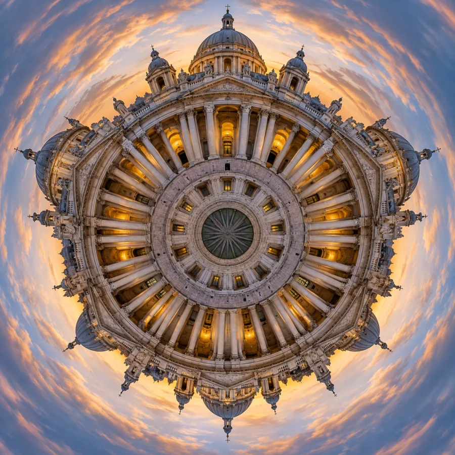 Polar Coordinate Warp: An image reorganized into circular radial space, continuous angular stretching and striking concentric composition.
