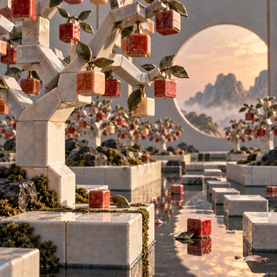 Porcelain Pixel Orchard: Small glazed cubic fruits and angular branches arranged as a miniature orchard, crisp modular geometry and soft ceramic light.