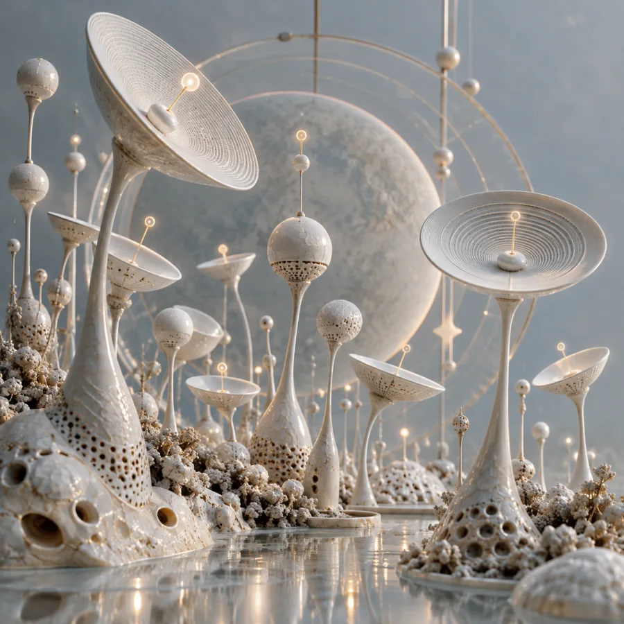 Porcelain Radio Garden: Delicate ceramic antenna-like stems arranged as an abstract garden, fine ring patterns and pale electrical-looking glows.