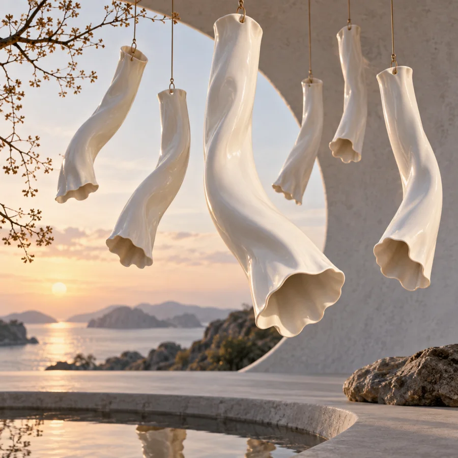 Porcelain Wind Socks: Thin ceramic tubes bent like wind-filled fabric, smooth white glaze, creased rims and surprising lightness.