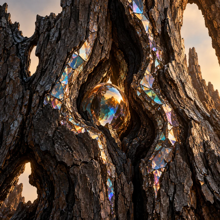 Prism Bark Relief: Rough bark relief interrupted by tiny polished spectral facets, dark organic crevices and jewel-like reflected color.