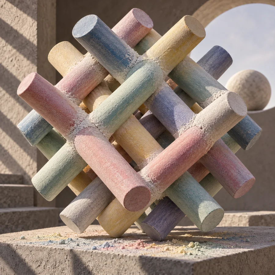 Prismatic Chalk Weave: Interlaced chalk-like rods in a restrained spectral palette, powdery joints and soft geometric cast shadows.