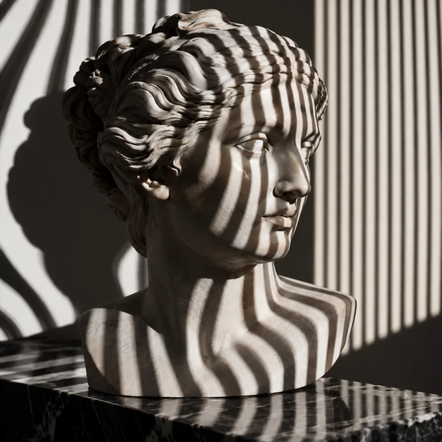 Projected-Pattern Photography: A real subject photographed beneath projected stripes or geometric light, patterns bending over three-dimensional surfaces.