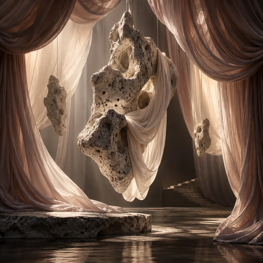 Pumice Silk Theater: Porous pale stone forms suspended in flowing silk curtains, rough-light contrast and intimate theatrical depth.