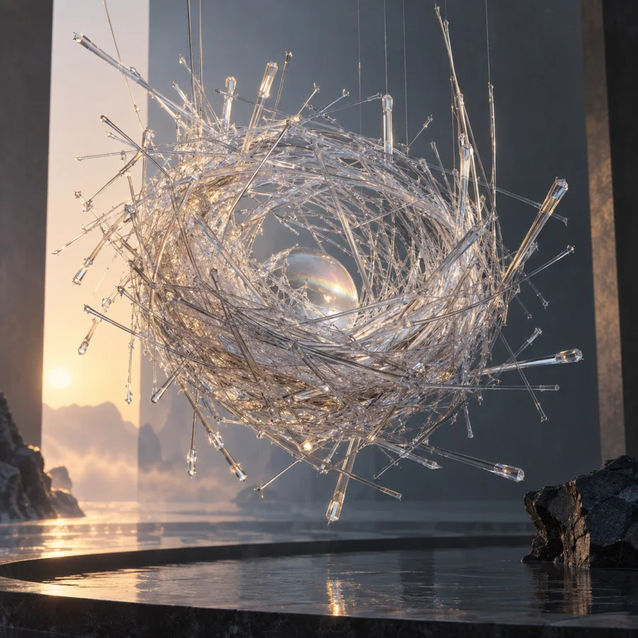 Quartz-Fiber Nest: Hair-thin quartz-like rods tangled into a suspended nest, clear refracted edges and luminous structural tension.