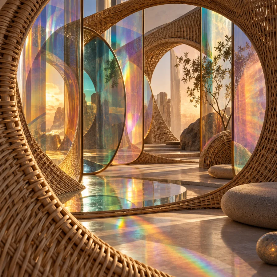 Rattan Prism Portal: Curved woven rattan frames holding thin spectral glass planes, warm fiber texture and refracted interior spaces.