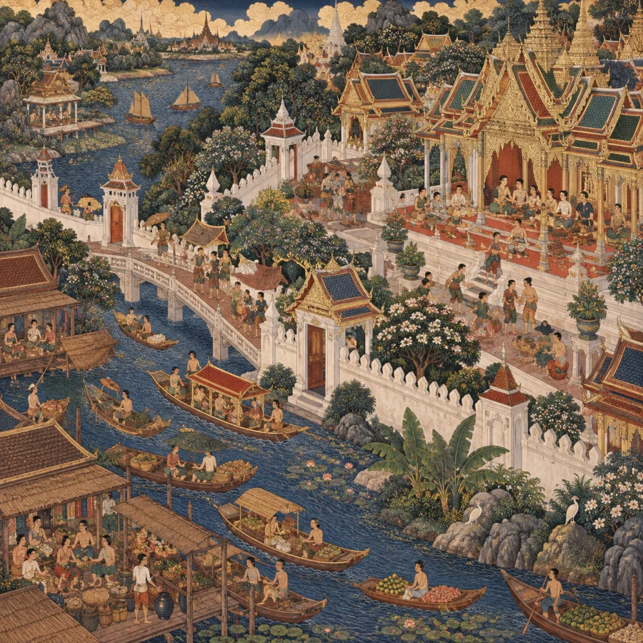 Rattanakosin Mural-Inspired Painting: Dense narrative composition, elevated viewpoint, intricately patterned architecture and vivid decorative color, using an original secular scene.