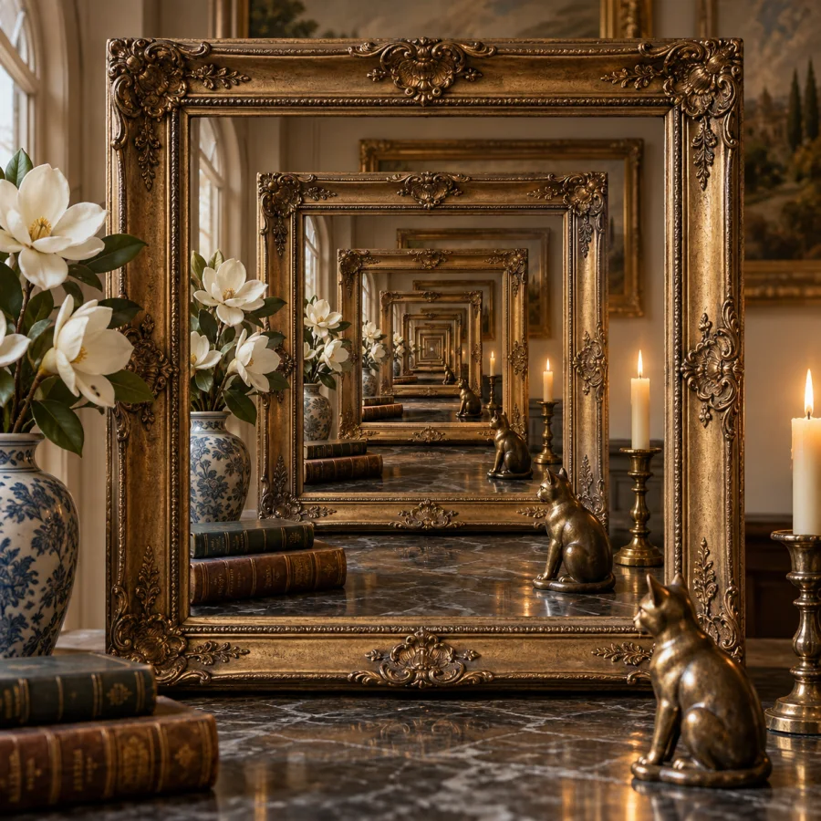 Recursive Picture Frame: An image containing smaller versions of its own framed composition, carefully aligned recursive depth and repeating spatial logic.