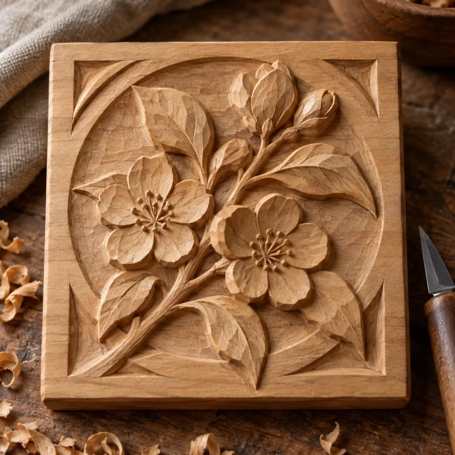 Relief Whittling: Low carved wooden relief with clean knife cuts, shallow layered silhouettes and warm unpainted grain.