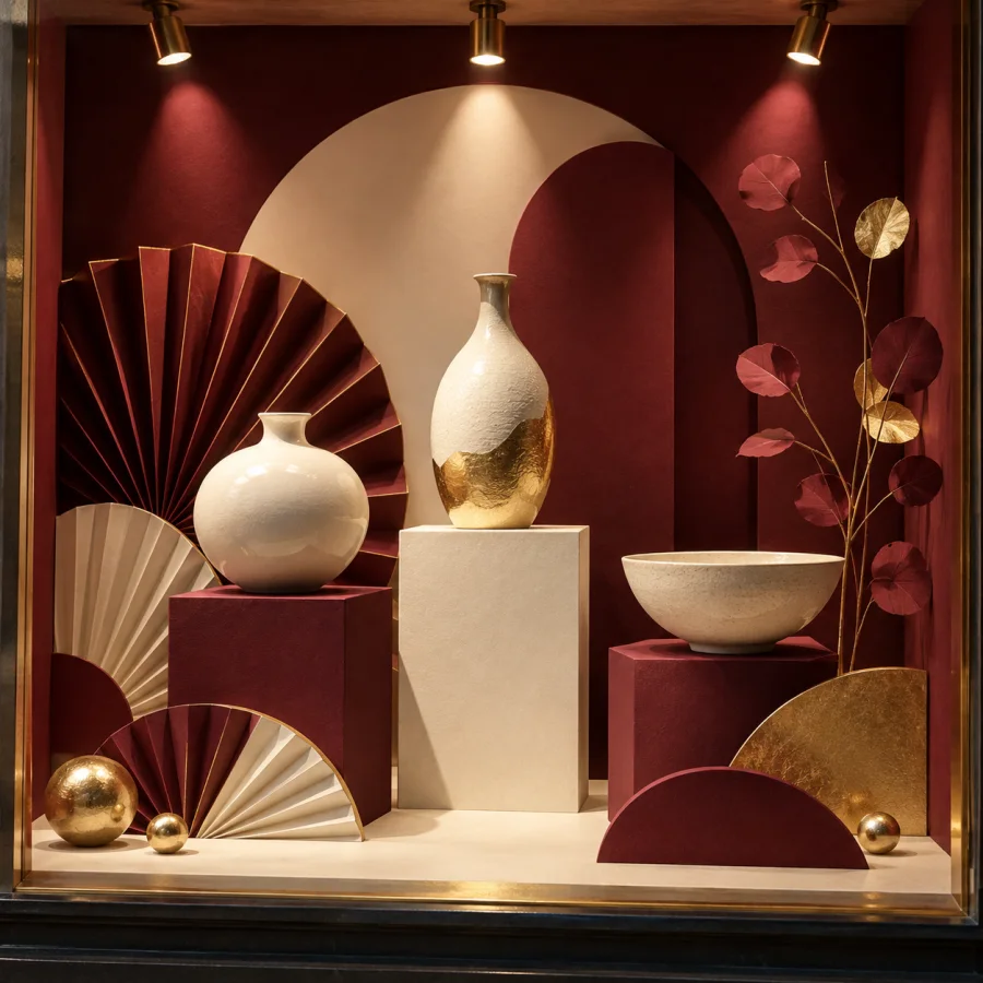 Retail Display Diorama: A meticulously arranged miniature display with bold graphic props, carefully staged objects and theatrical product lighting.