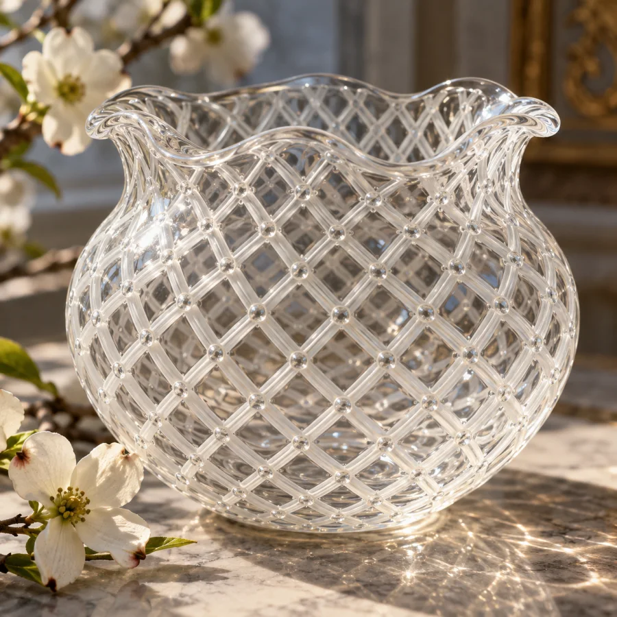Reticello Glass: Crossing glass canes forming a regular net with small trapped bubbles at intersections.