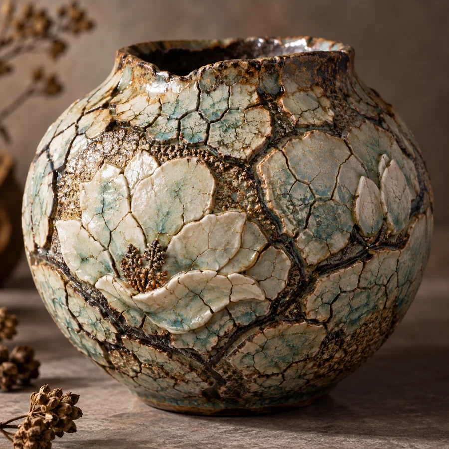 Reticulated Ceramic Glaze: Glaze separating into raised islands and branching cracks, textured mineral crust and strong surface relief.