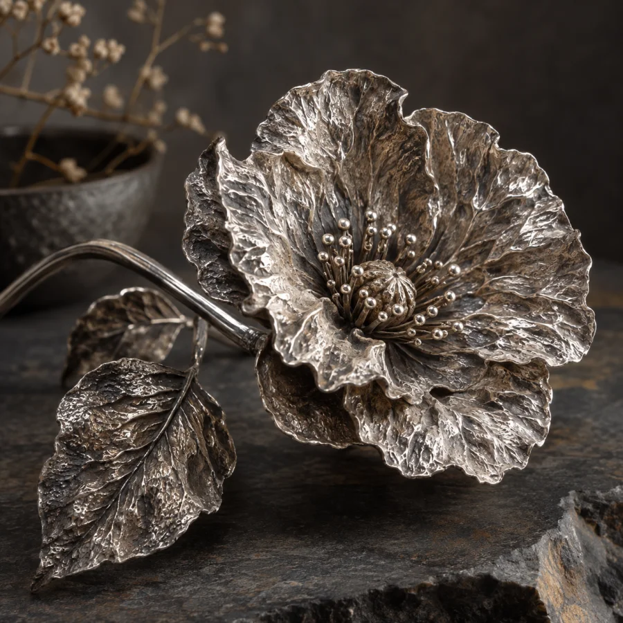 Reticulated Silver: Wrinkled and ridged silver surfaces formed through controlled heating, organic topography and bright metallic peaks.