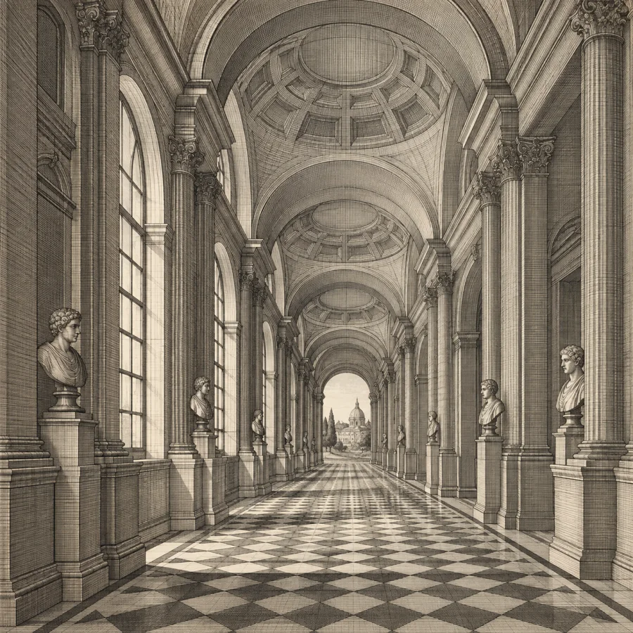 Ruled-Perspective Engraving: Dense precisely ruled parallel lines, exact vanishing-point construction and crisp architectural depth.
