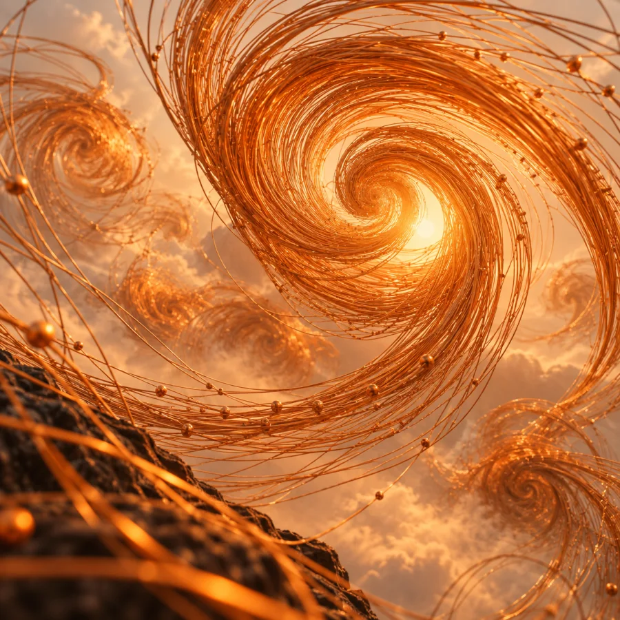 Saffron Wire Weather: Fine orange wires arranged into atmospheric vortices, airy density gradients and softly glowing metal.