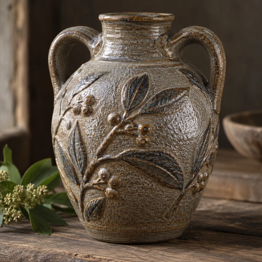 Salt-Glazed Stoneware: Hard gray-brown ceramic with characteristic orange-peel texture, subtle gloss and robust fired surfaces.