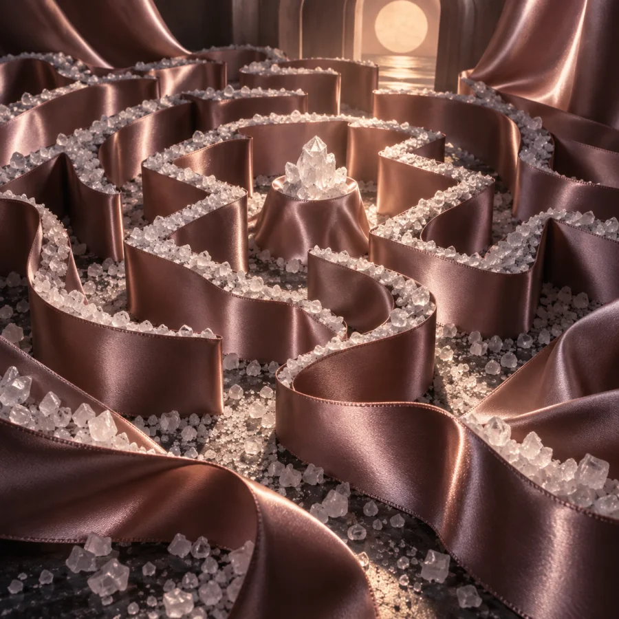 Salted Satin Labyrinth: Satin ribbons arranged into a maze and dusted with angular salt crystals, smooth folds against sharp white grains.