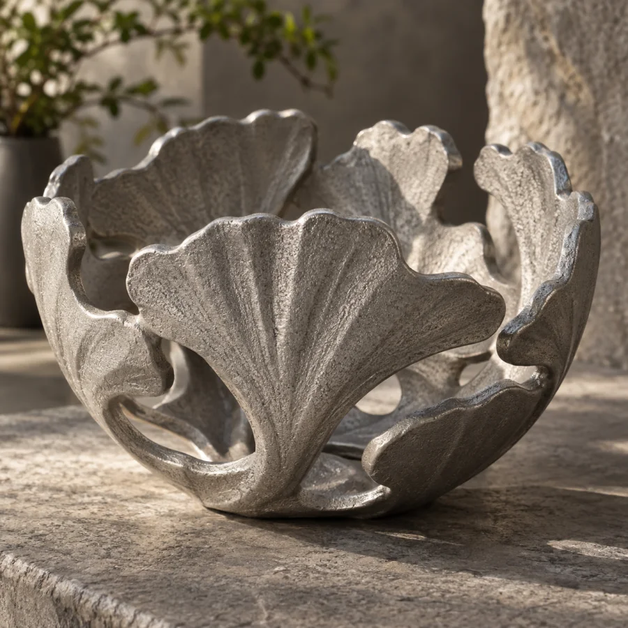 Sand-Cast Aluminum: Matte silvery metal with visible granular mold texture, robust sculptural forms and softly rounded casting edges.