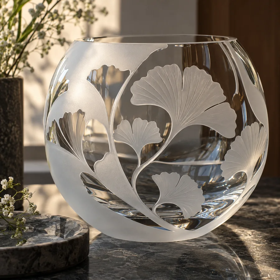 Sandblasted Glass: Frosted matte areas contrasting with polished clear glass, soft diffusion and crisp masked boundaries.