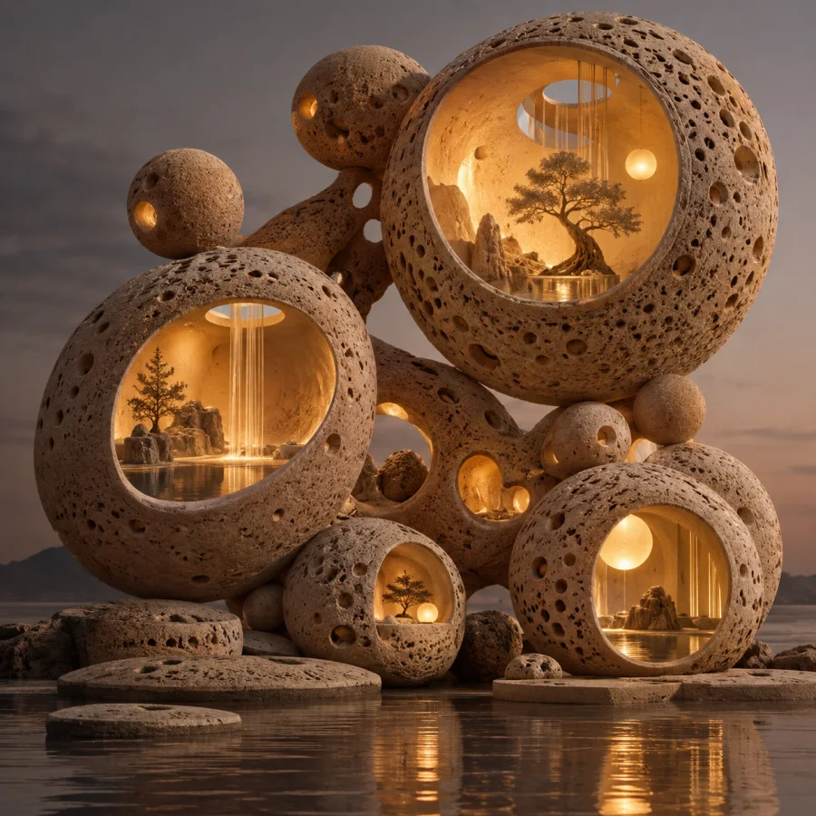 Sandstone Bubble Theater: Rounded sandstone shells enclosing tiny luminous scenes, porous exteriors and softly glowing hollow interiors.