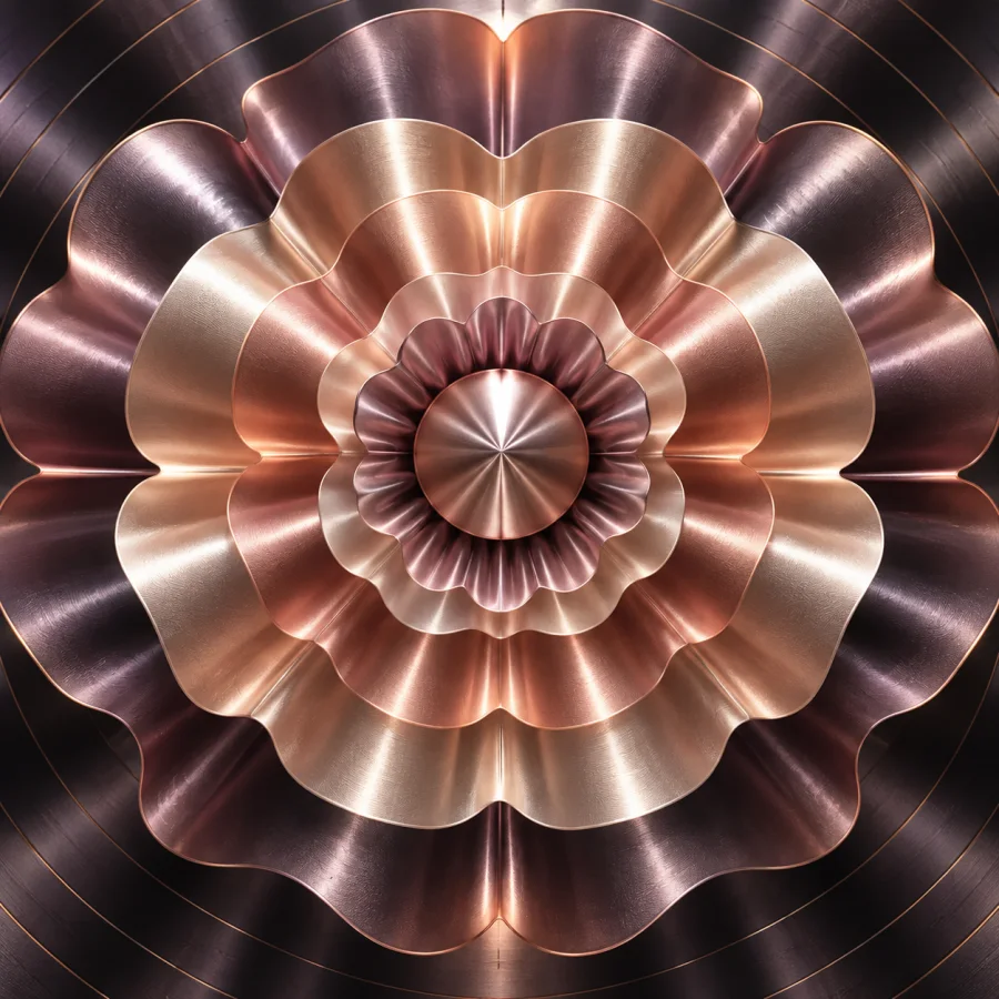 Satin Radar Bloom: Concentric satin bands expanding into a flower-like abstract form, directional sheen and precise radial tension.